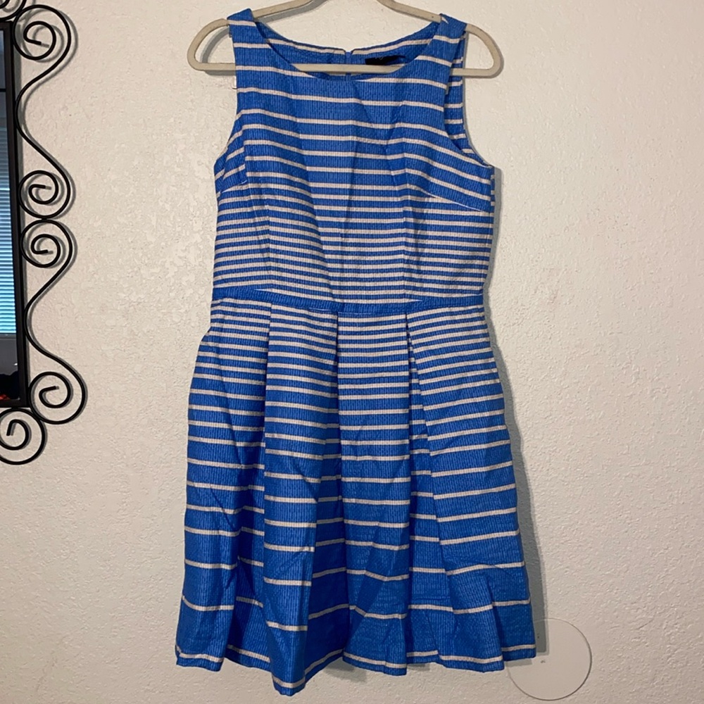Taylor (Anthropology) Textured Pleated Striped Blue & White Fit & Flare  dress - Picture 2 of 7